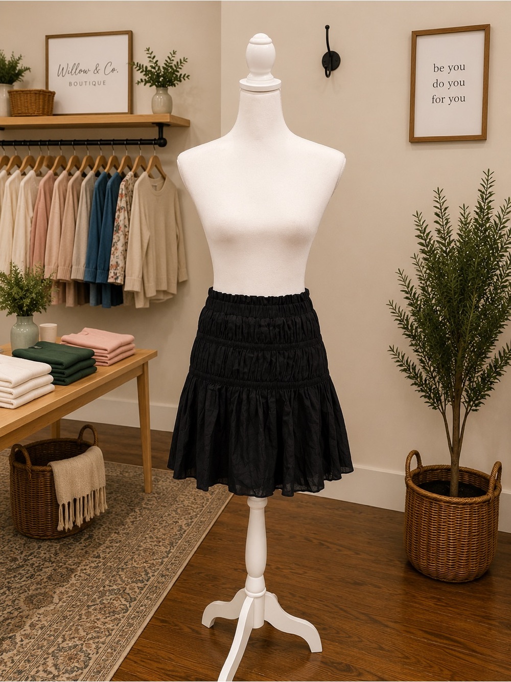 Entro Black Smocked Tiered Mini Skirt NWT Small Cotton